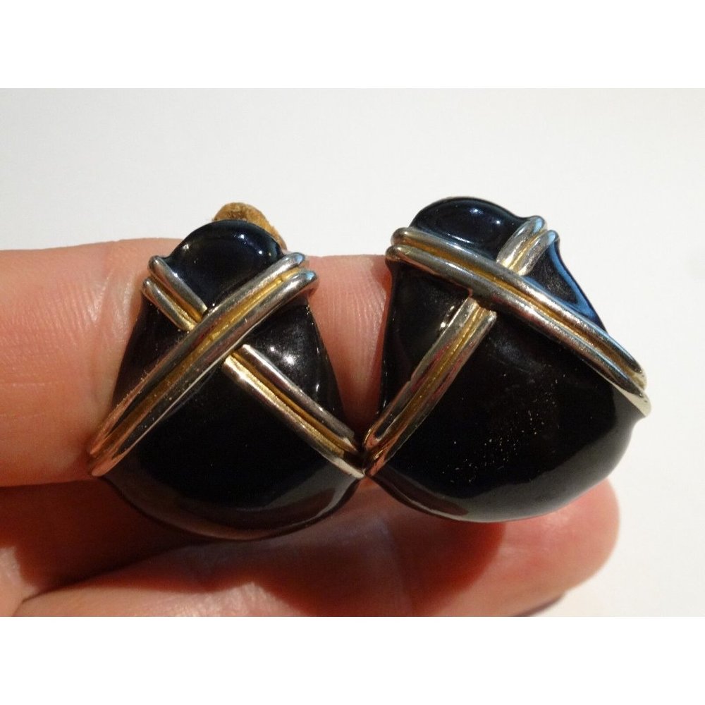 Vintage DONALD STANNARD Black Enameled Gold X‎ Door Knocker HOOPS Clip-Ons